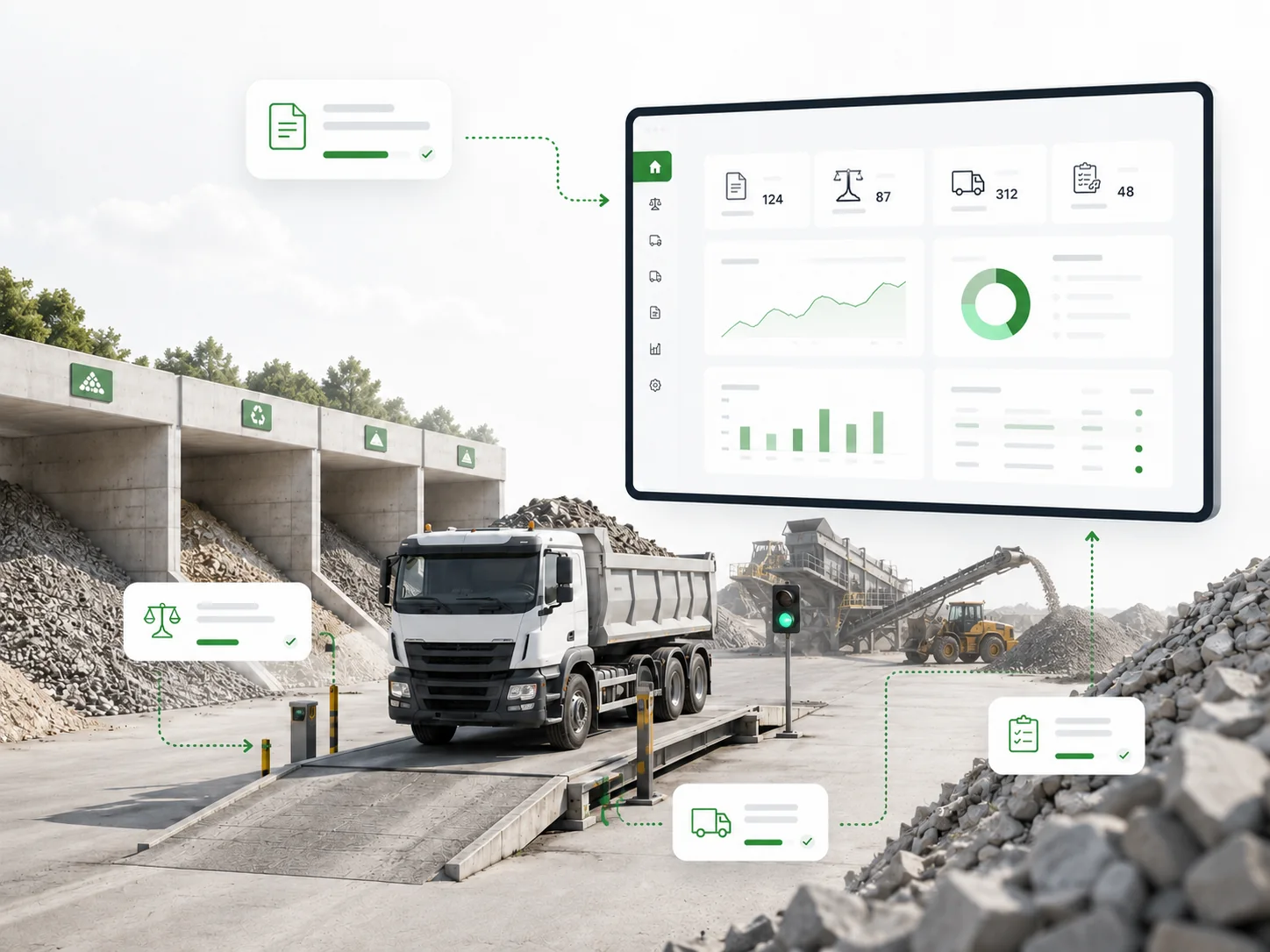 AWiKon Software für Bauschuttrecycling mit Waage, Lagerbereichen, RC-Material und Fakturierung