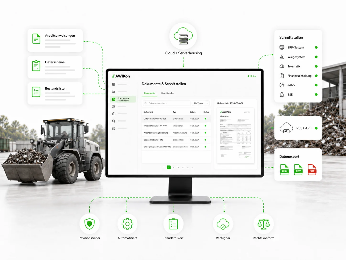 AWiKon Dokumente und Schnittstellen mit ERP, Waage, eANV und TSE